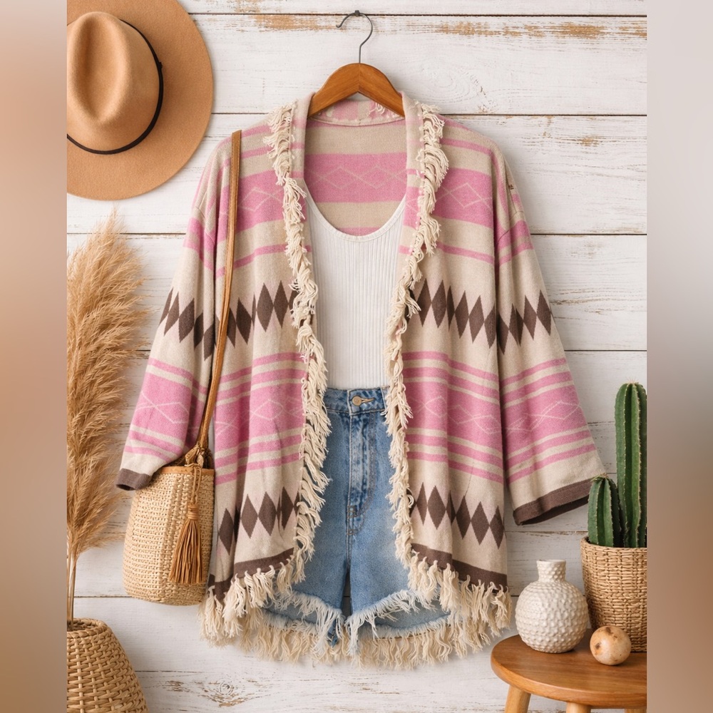 Lovers & Friends Boho Southwestern Fringe Cardigan‎ Pink & Neutral Tribal Print